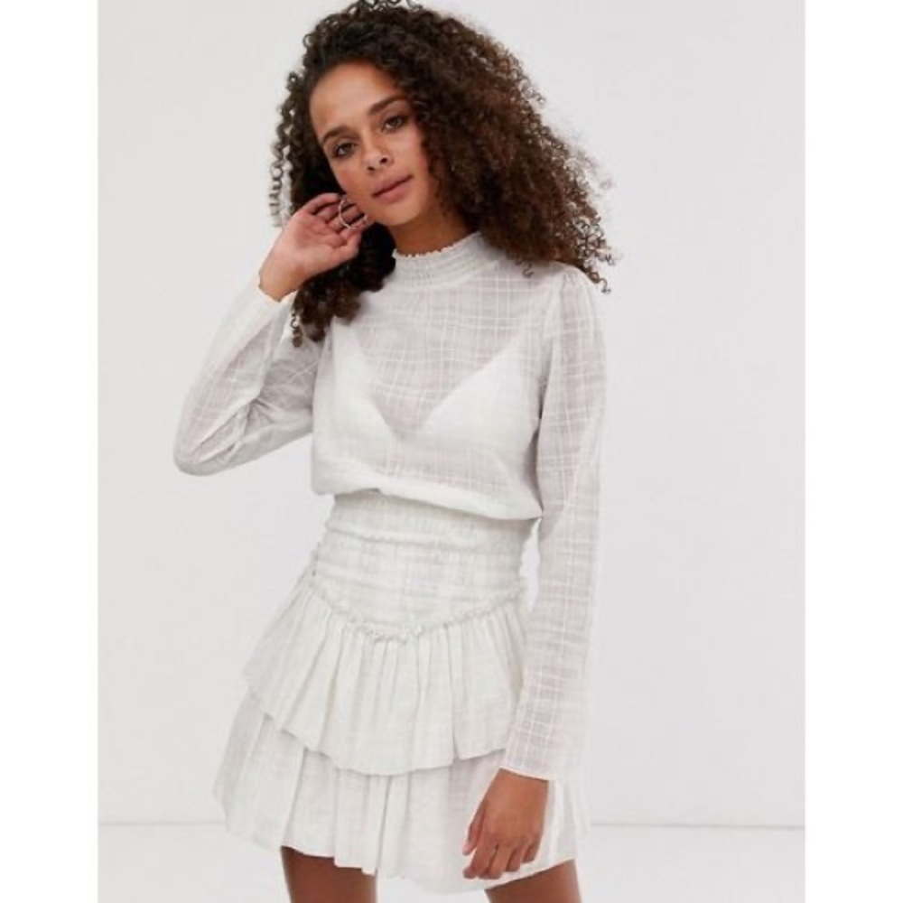 ASOS HIGH NECK SHIRRED WAIST MINI DRESS IN TEXTURED IVORY